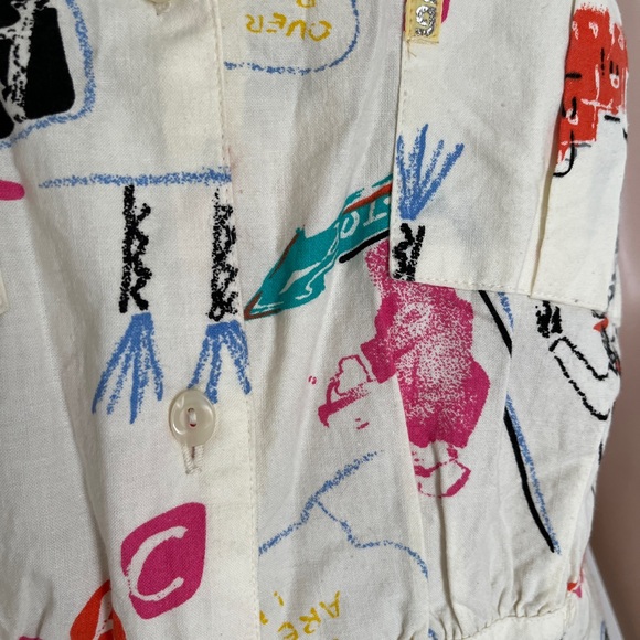 Vintage 80s Jag Graffiti Print Strapless Summer Cotton Button Front Dress M - Picture 8 of 16